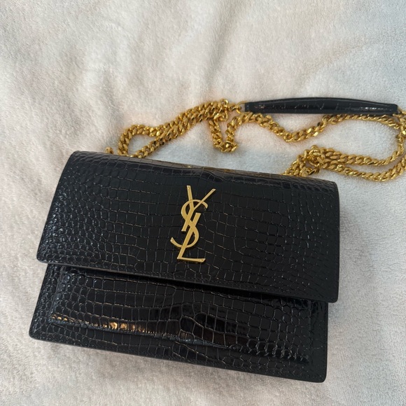 Saint Laurent Handbags - Saint Laurent Black Croc-Embossed Chain Wallet Bag with Gold Hardware